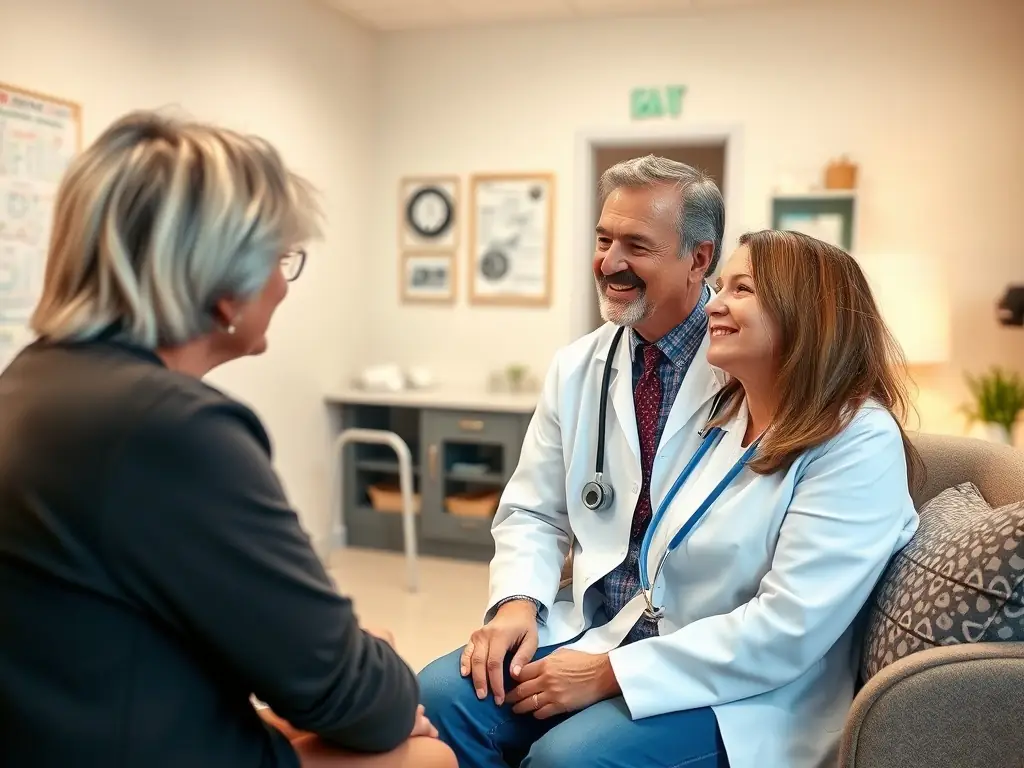 A doctor in a consultation room, explaining medical procedures to a patient, representing the importance of clear communication and the potential for liability in healthcare.