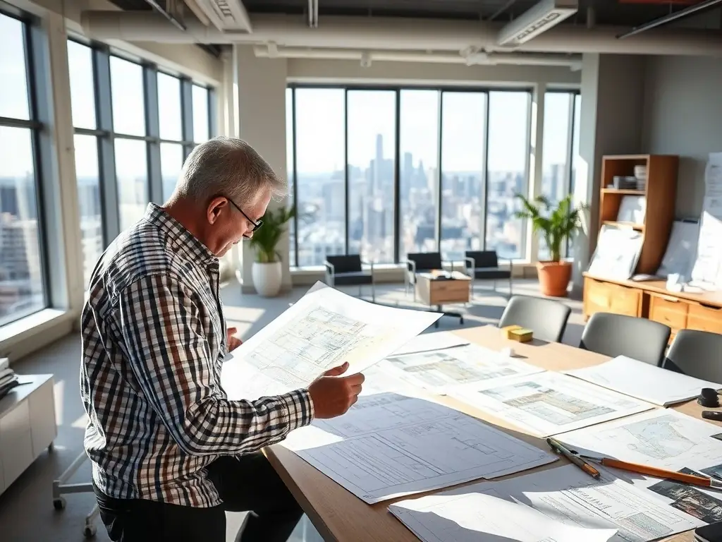 A professional architect reviewing blueprints in a brightly lit office, symbolizing meticulous attention to detail and risk management in professional services.