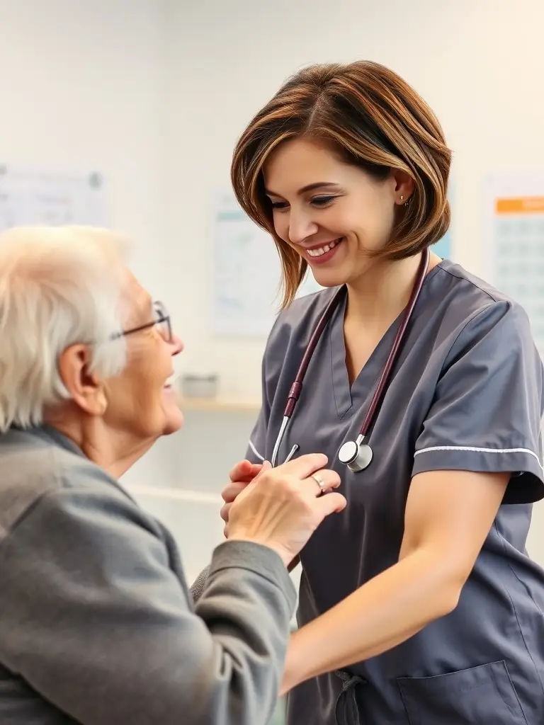 A nurse assisting a patient in a hospital room, illustrating workers' compensation coverage for healthcare professionals.