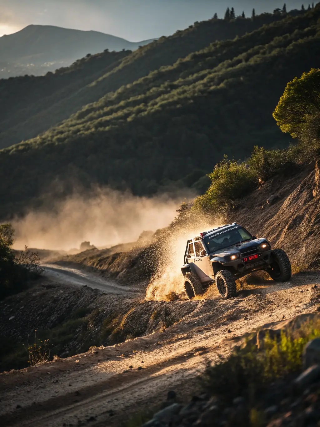 An action shot of an off-road vehicle navigating a challenging dirt trail in a desert landscape, highlighting the excitement and ruggedness of off-roading, for Rivera Insurance Agency's website.