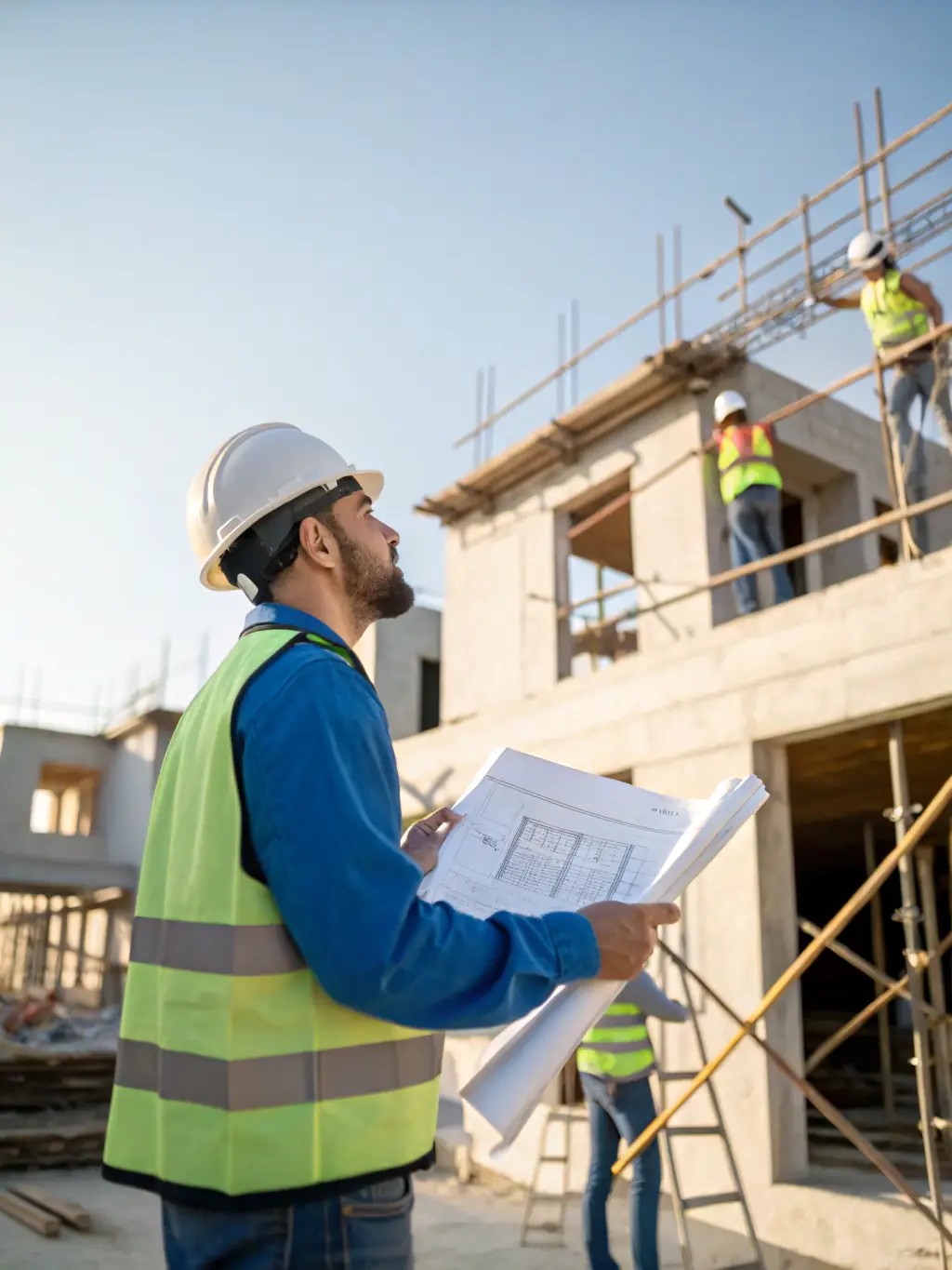 A construction worker is inspecting a building site, emphasizing the importance of general liability insurance in protecting against property damage claims.