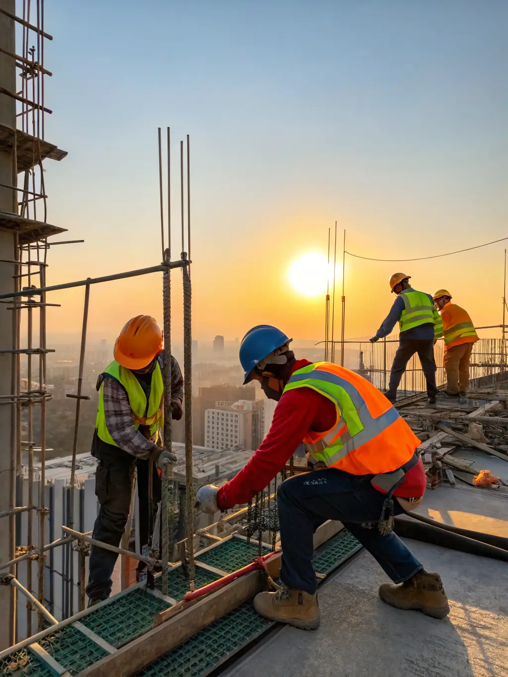 A construction worker wearing a hard hat and safety vest, assisting a colleague with heavy lifting on a construction site, symbolizing comprehensive workers' compensation coverage for high-risk industries.