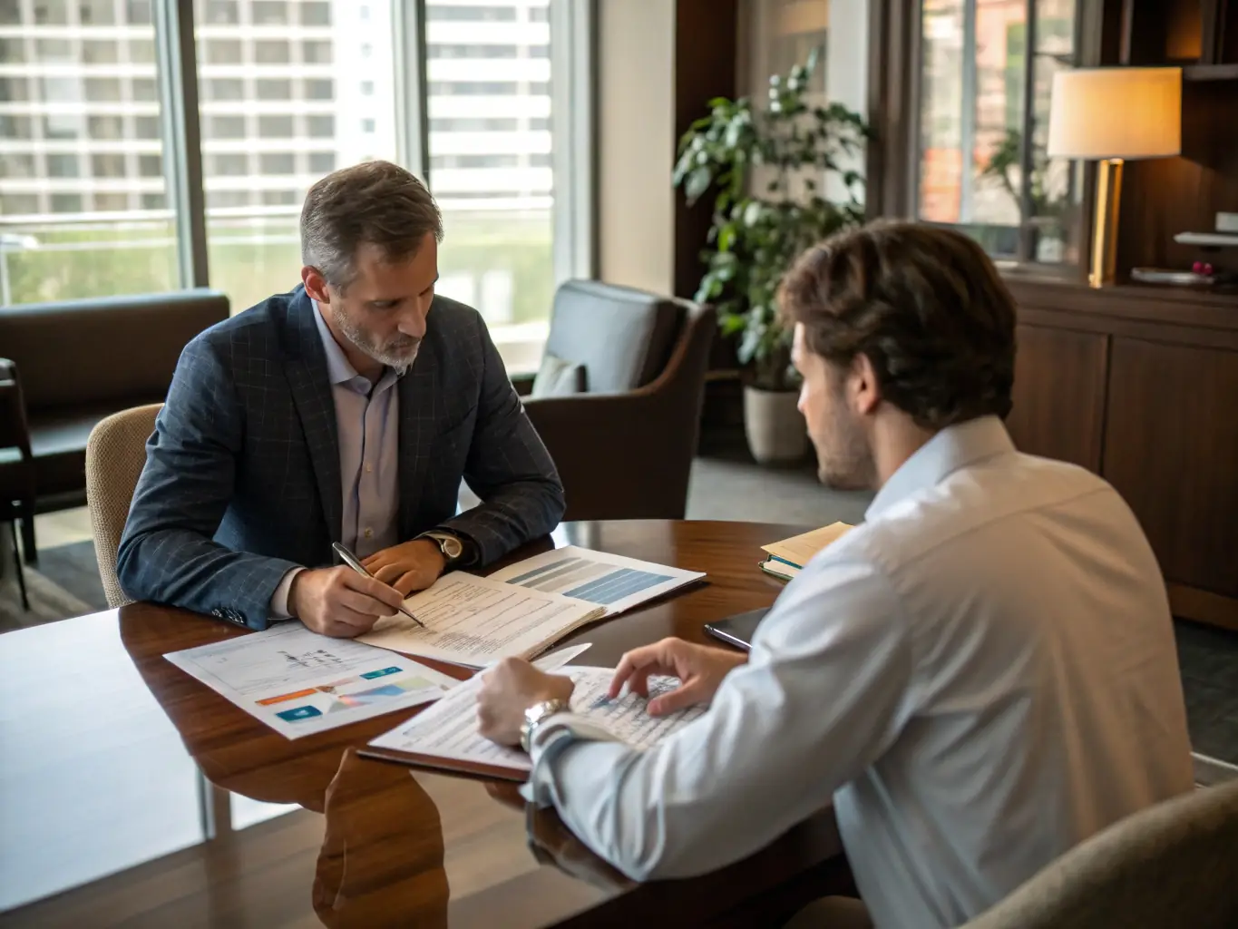 A financial advisor meeting with a client, discussing investment strategies and financial planning, representing the advisory and consulting industry.