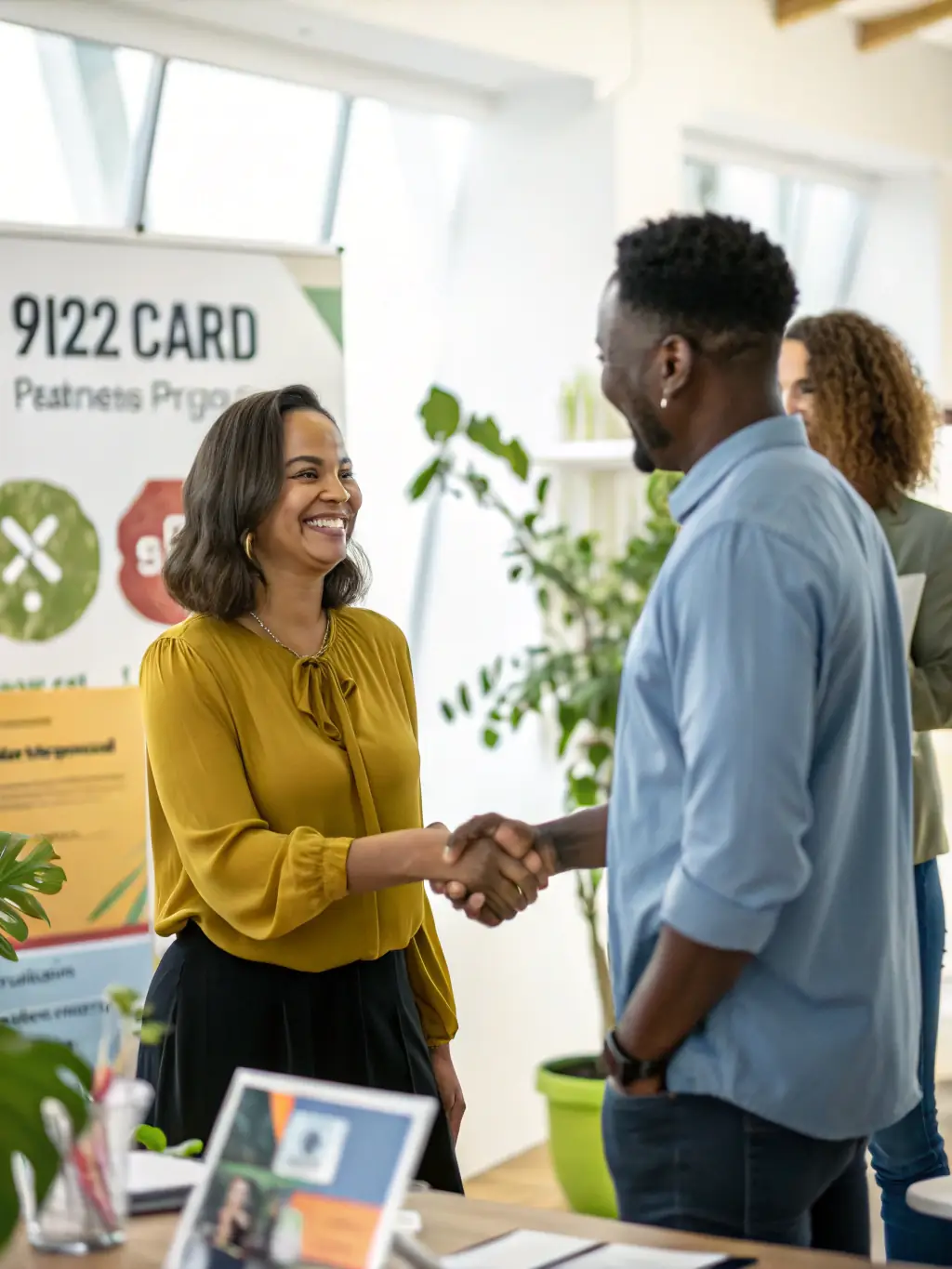 A diverse group of business owners are smiling and shaking hands, symbolizing successful partnerships and risk mitigation through general liability insurance, set against a backdrop of the Arizona landscape.