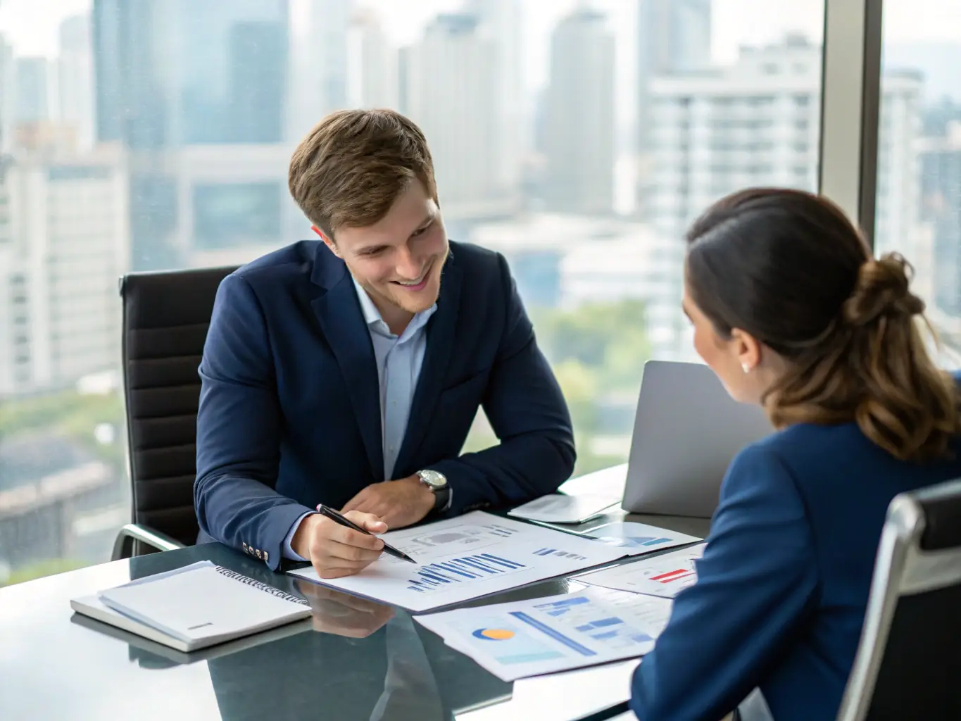 A financial advisor meeting with a client, discussing investment strategies, highlighting the need for protection against financial loss claims.